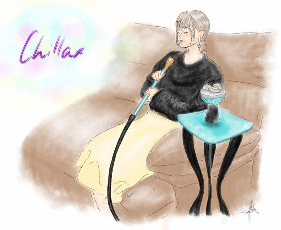 ソファでリラックスする美しい女性の絵