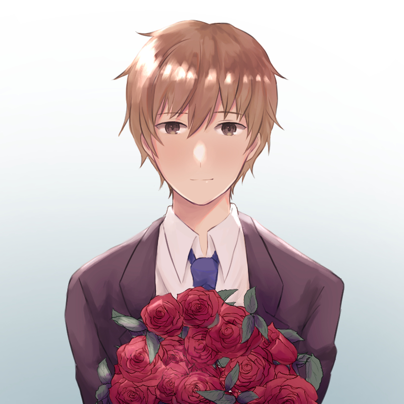 赤いバラの花束を抱えて微笑む茶髪のイケメンのスーツ姿のイラスト