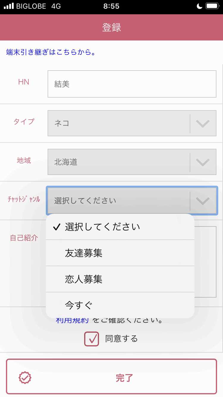 ビアンONINEの登録画面